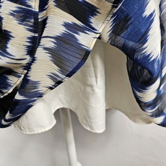 Express Womens M Ikat Blue Ruffled Tier Sheer Fit Flare Business Casual Dress - Picture 11 of 14